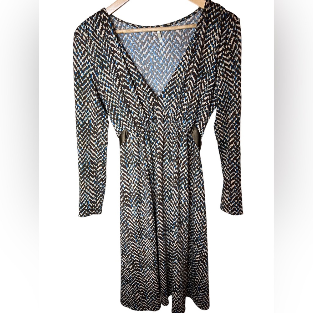 Browns, Blue, and Cream zig zag Lapis MIDI Dress, size Medium